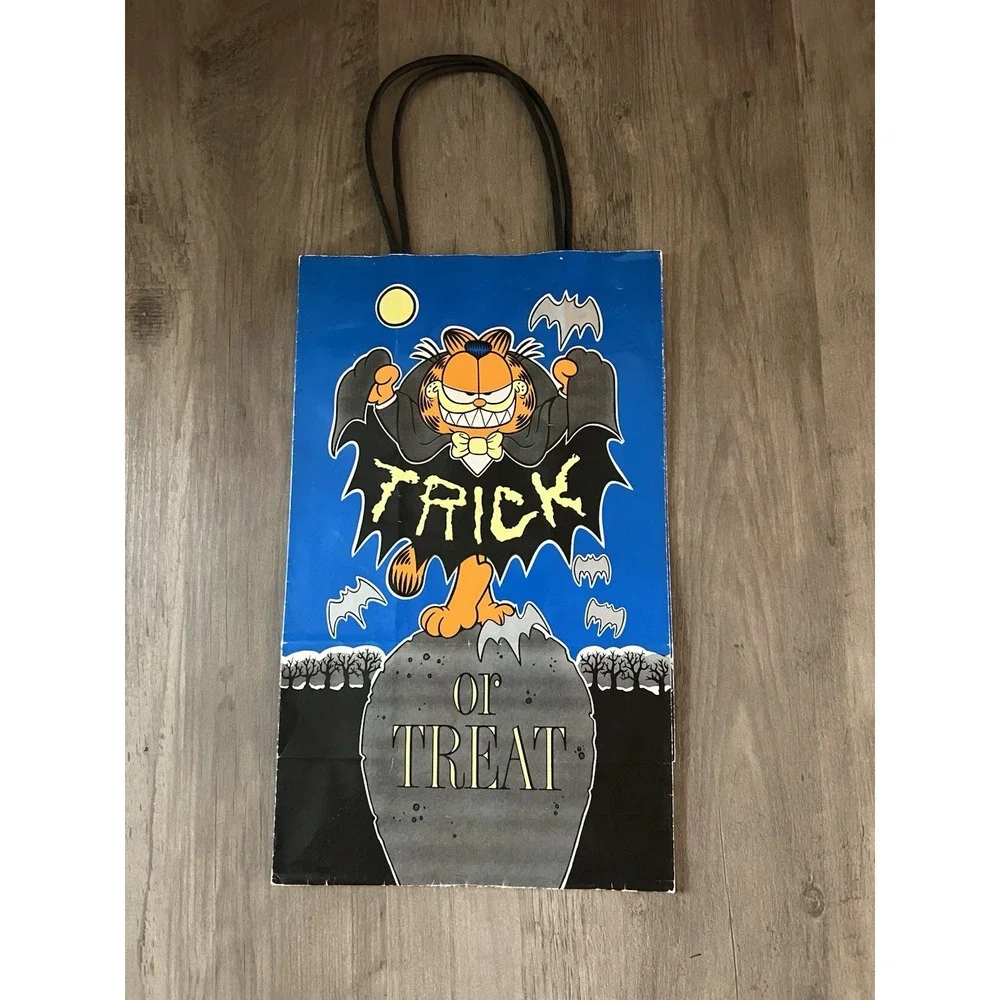 Vtg 1978 Garfield‎ Cat Paper Trick or Treat Bag Black Blue Handles Halloween NEW